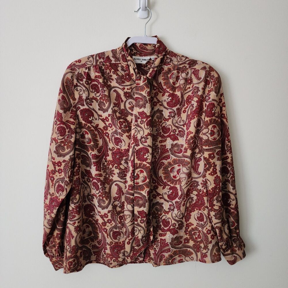 Alfred Dunner Womens Tie-Neck Button-Down Blouse Brown Tan Red Paisley Size 18